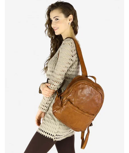 MARCO MAZZINI női kétrekeszes vintage bőr hátizsák | konyak