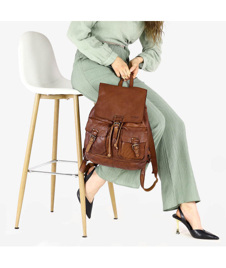 MARCO MAZZINI Elegáns női hátizsák A4-es valódi bőrből | konyak